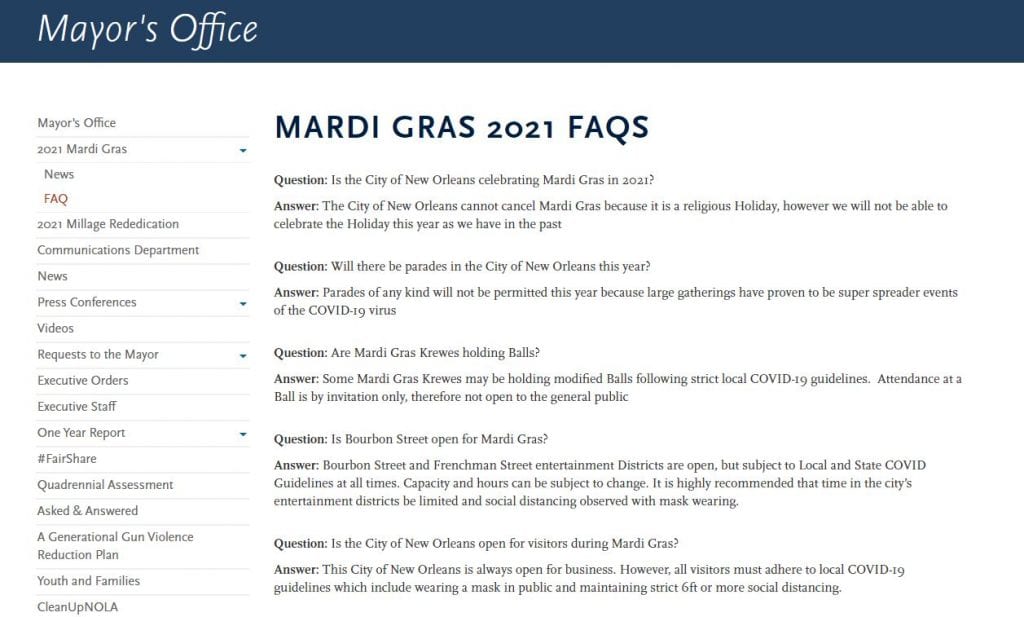 Mardi Gras 2021 City of New Orleans Website FAQ