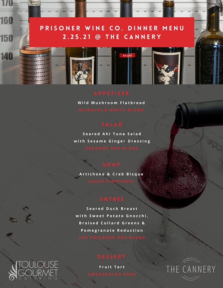 Prisoner Wine Co. Dinner Menu